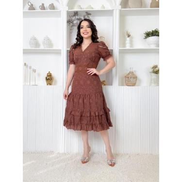 Imagem de Vestido Midi De Lese Feminino 100% Algodão Decote V Manga Curta Bufant