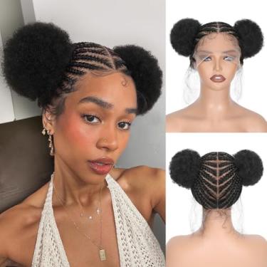Imagem de FAVE Peruca Curta Trançada Hd, Peruca Trançada Com Renda Completa, Com Tranças Afro Puff Sintéticas, Tranças Cornrow Com Rabo De Cavalo Cacheado, Perucas Afro Trançadas Pretas Naturais Para Mulhere