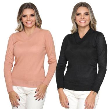 Imagem de Kit 2 Blusa Tricot Gola V Inverno Moda Casual - SP/CXX, Nude, Preto, Ú