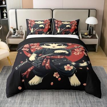 Imagem de jejeloiu Conjunto de capa de edredom de gato japonês, 100% algodão, tamanho casal, crianças, gatos, samurai, meninos, meninas, adolescentes, gatinho fofo, flores de cerejeira, animal guerreiro, capa