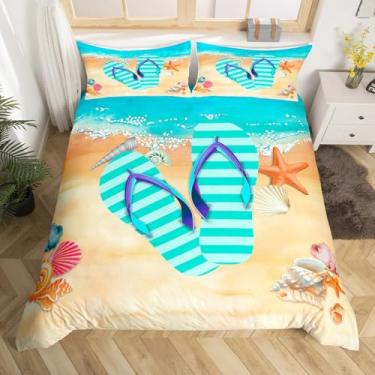 Imagem de Capa de edredom listrada tamanho Queen, capa de edredom de estrela do mar com 2 fronhas para adolescentes, conjunto de cama infantil de verão, respirável, 3 peças, capa decorativa (sem edredom)