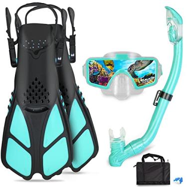 Imagem de AosDero Conjunto De Mergulho Com Snorkel Infantil, Nadadeiras Ajustáveis + Máscara Panorâmica Tubo Seco Bolsas Viagem, Equipamento Adequado Para Crianças, Jovens E 5 A 14 Anos