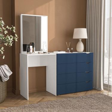 Imagem de Cômoda Penteadeira 4 Gavetas com Espelho Porto Azul/Branco