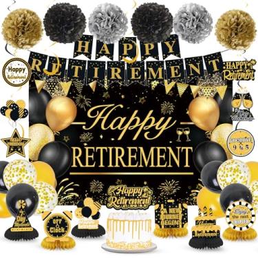 Imagem de Decorações de festa de aposentadoria para homens mulheres preto dourado feliz aposentadoria banner pano de fundo balões papel pompons favo de mel centro de mesa topo de bolo conjunto de redemoinho