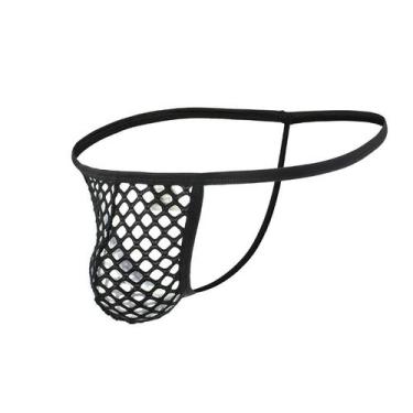 Imagem de Cueca Jockstrap Sexy Fio Dental Aberta Tecido Arrastão Furadinho Sem F