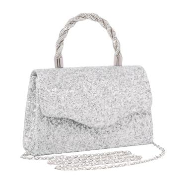 Imagem de JIAN YA NA Moda feminina dama de honra dama de honra menina noiva bolsa clutch noite para formatura, coquetel, casamento, noivado, Lantejoulas quadradas prata, 8"x2.4"x5.1"