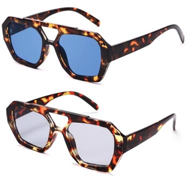 Imagem de Hycredi Óculos de sol aviador retrô para mulheres e homens, óculos de sol com armação grossa hexagonal, quadrados, ponte dupla, C2* Leopardo/Azul + Leopardo/Cinza Claro, M