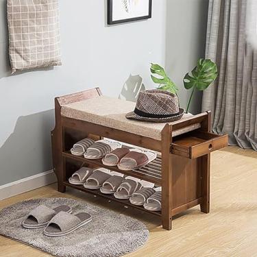 Imagem de Sapateira De Entrada De 3 Andares Em Bambu Natural Com Gaveta Oculta - Banco De Armazenamento Rústico Assento Armário De Sapatos, Small, 62x49.5x29.5cm(24x19x12inch)