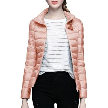 Imagem de Jaquetas Compactáveis Para Mulheres Inverno, Jaquetas Acolchoadas Jaquetas Femininas De Cor Sólida Com Colarinho Fino Ultra Sem Chapéu E Bolsa De Armazenamento, Pink, 3XL