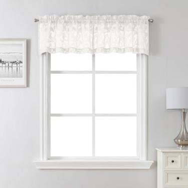 Imagem de Lecloud Leia — Saia transparente marfim para janelas de 35,5 cm de comprimento, 2 peças, cortinas curtas com textura de folha jacquard café cozinha com dois bolsos de haste, cortina pequena para sala