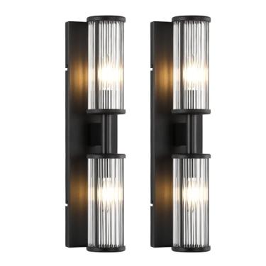 Imagem de ECOBRT Conjunto de 2 luminárias modernas - Arandelas de parede industriais pretas foscas com hastes de vidro, iluminação de espelho de banheiro para quarto, corredor, vestiário (pacote com 2)