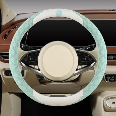 Imagem de Capas de volante de microfibra elástica para mulheres, ajuste universal, carro de 38 cm, linda flor de camélia, antiderrapante, respirável, absorvente (verde claro)