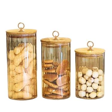 Imagem de Conjunto 3 Potes de Vidro Herméticos com Tampa de Bambu Argola Dourada ÂMBAR CANELADO 550ml 800ml 1100ml Porta Temperos Porta Condimentos de Bambu Vidro Borossilicato