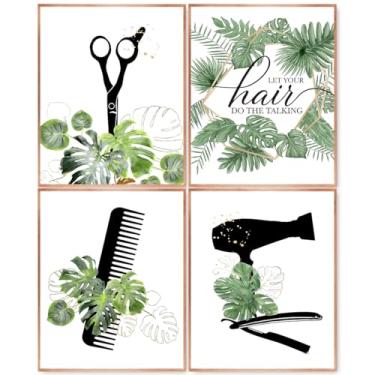 Imagem de laveliabel Conjunto de 4 impressões de arte de parede Boho Hair Salon, sem moldura, decoração de salão de beleza, presentes de cabeleireiro, decoração de parede, cosmetologia, impressões de pôster