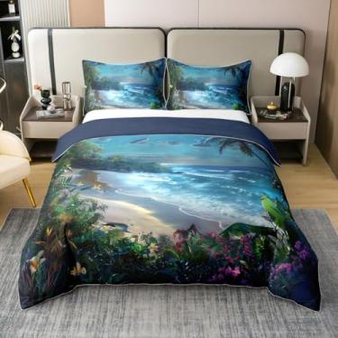 Imagem de Erosebridal Jogo de cama tropical costeiro, 2 peças, tamanho solteiro, estética, noite, lua, tema colorido, Havaí, verão, férias, botânico, floral, capa de edredom para decoração de quarto de luxo