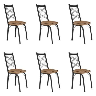 Imagem de Kit 6 Cadeiras de Cozinha Delaware Estampado Rattan Bege Pés de Ferro Preto - Pallazio