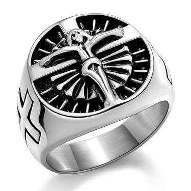 Imagem de Hoyazvet Anel de cruz de Jesus para homens - Aço inoxidável/ouro/joia religiosa preta - Presente de batismo cristão para ele, tamanho 7-13, Metal, Sem pedra preciosa