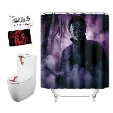 Imagem de Cortina de chuveiro decorativa de Halloween para Michael Myers olhando para você da floresta, 182 x 182 cm, com 10 ganchos de plástico, inclui adesivo de banheiro e 2 cartões postais de Halloween