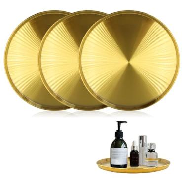 Imagem de Bandejas douradas para decoração, bandeja redonda de 29 cm, bandejas redondas de aço inoxidável para organizar joias, velas, maquiagem e exibir café, sobremesa, pastelaria (ouro, pacote com 3)