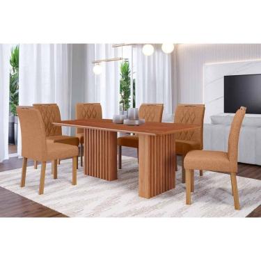 Imagem de Conjunto: Mesa de Cozinha Ester Tampo Madeirado 180x90cm e 6 Cadeiras Juliana Cinamomo - Carvalho/Suede Nude Bege - Cimol