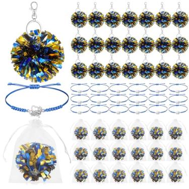 Imagem de Ecation 20 conjuntos de presentes de líder de torcida em massa, chaveiro pompom, pulseira de torcida, bolsa de organza com 20 unidades para acessórios femininos (azul e dourado)