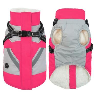 Imagem de IECOii Jaqueta de inverno para cães pequenos, casaco impermeável para cães com arnês embutido, jaqueta de lã refletiva à prova de vento com zíper para cães, roupa de neve térmica quente para o clima