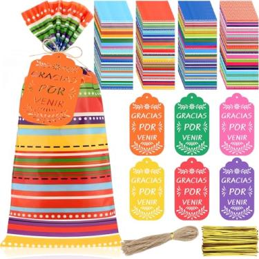 Imagem de AmazingSpark Conjunto de 60 sacos de doces mexicanos com etiquetas de agradecimento de papel picado mexicano Fiesta Goodie celofane sacos coloridos cinco de maio lembrancinhas de festa de presente
