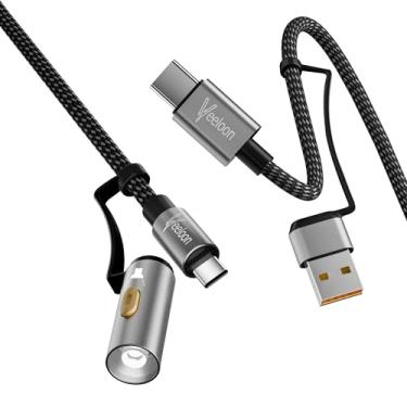 Imagem de Veeloon Cabo USB C 4 em 1, cabo de carregamento rápido de 60 W, cabo de alimentação multicarregador trançado C para USB A/C com lanterna LED para iPhone 16/iPad Air/Samsung/MacBook Pro, uso ao ar