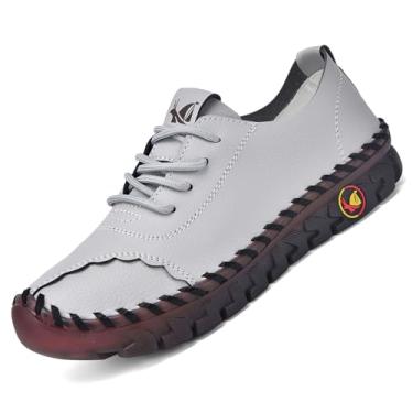 Imagem de Mocassins Femininos Modernos de Couro Genuíno com Fundo Macio Confortável Costurado à Mão Antiderrapante Sapatos de Caminhada Ortopédicos 4D Alívio da Dor Sapatos Casuais, Cinza, 40