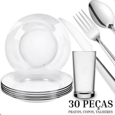 Imagem de Jogo De Pratos Fundos E Copos C/30 Peças Aparelho de Jantar Em Vidro C