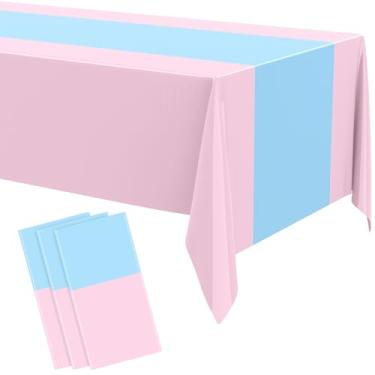 Imagem de Oudain 3 toalhas de mesa descartáveis de plástico 137 x 274 cm para mesas retangulares à prova d'água para formatura Dia da Independência 4 de julho festa de bruxa chá de bebê casamento (azul, rosa)