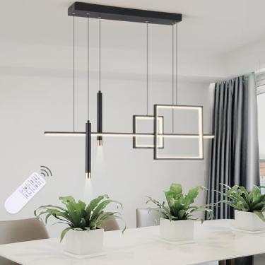 Imagem de ORANOOR Iluminação de lustre de LED moderna, luminária pendente preta linear regulável com quadrados, luminária suspensa para sala de jantar de 99 cm, luminária pendente de ilha de cozinha para bar de