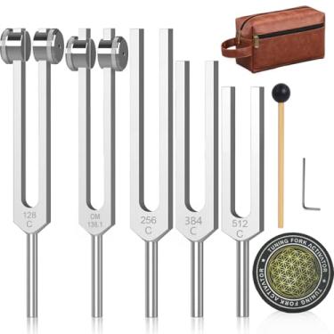 Imagem de Conjunto de diapasão de ressonância para cura – Ferramentas de terapia de som ponderadas e não ponderadas com 128Hz, 136Hz, 256Hz, 384Hz, 512Hz frequências e ativador de disco de hóquei – instrumentos