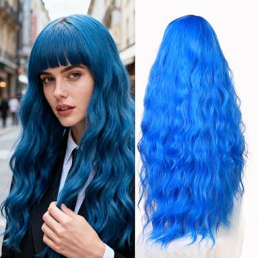 Imagem de Perucas azuis azuis lisas - franja ondulada cacheada perucas resistentes ao calor - fios de cabelo projetados para mulheres para festas de apresentações, encontros e vestidos - acima (vem com touca de