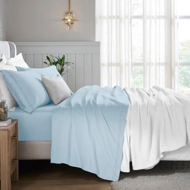 Imagem de Superior Jogo de lençol de 5 peças de algodão egípcio, 650 fios, design moderno, lençóis sustentáveis, básicos ultramacios, liso, lençol com elástico alto, lençol de cima, fronhas, King dividido, azul