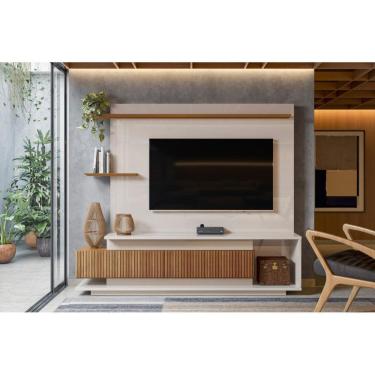 Imagem de Home Istambul Painel P/ TVs Até 65`` 2 Portas Nichos e Prateleiras - Off White Perolizado/Jequitiba Ripado
