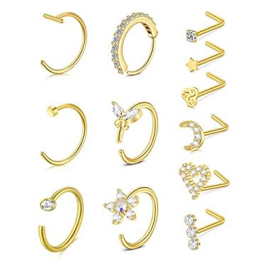 Imagem de Anicina Anéis de nariz - Kit de piercings de argolas e pinos 18G - Aço cirúrgico - Forma de L - Piercings de coração e lua CZ - Prata, ouro, ouro rosa, Aço inoxidável, Metal