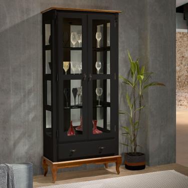 Imagem de Cristaleira com Espelho e LED 2 Portas 3 Prateleiras e Laterais em Vidro 60303EL Linz Móveis - Preto/Imbuia Glazer