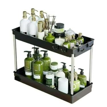 Imagem de Organizador Suporte Prateleira em Plástico Multiuso 2 andares Banheiro Cozinha e Armário (PRETO,MÉDIO)