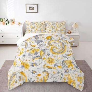 Imagem de Jogo de cama solteiro com flores amarelas, cinza, 2 peças, jardim botânico, florescendo, florescendo, para meninas, adolescentes e adultos, conjunto de edredom com estampa de paisley, exótico