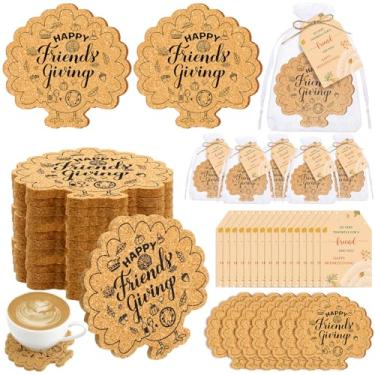 Imagem de Hushee 12 conjuntos de lembrancinhas de festa Happy Friendsgiving Happy Friendsgiving Cork Coasters Maple Turkey Absorventes Cartões de agradecimento e saco de organza Ação de Graças Outono Outono