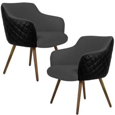 Imagem de Kit 02 Poltronas Decorativas Pés Palito Jade D02 Linho Cinza C-416 Tressê Corano Preto - Lyam Decor