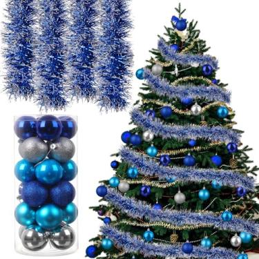 Imagem de Yuxung Guirlanda de Natal de 10 metros com 24 peças de enfeites de bola de Natal de 5 cm guirlanda metálica torcida para aniversário de casamento de Natal (azul e prata)