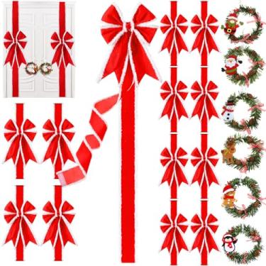 Imagem de Ysleen 12 laços de fita de armário de Natal e 6 peças de guirlanda de pinheiro de Natal com boneco de neve Papai Noel festivo grandes laços de Natal guirlanda artificial para festa (vermelho, branco)