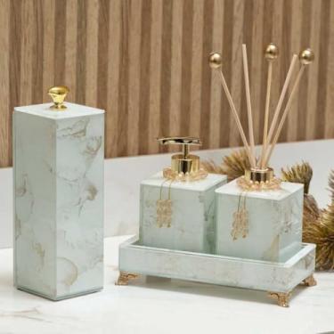 Imagem de KIT LAVABO COMPLETO EFEITO MÁRMORE COM PORTA ESCOVA DE DENTE BANDEJA 20X10 (DOURADO COM BRANCO)