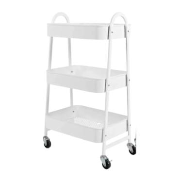Imagem de Prateleira Estante Metal 3 Níveis Rodinhas Organizadora Carrinho Auxiliar Cozinha Banheiro Quarto Escritório Branca