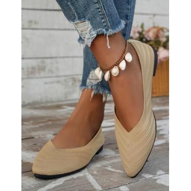 Imagem de Sapatilhas femininas de bico fino, de malha, sapatilhas, confortáveis, casuais, elegantes, sem cadarço, para trabalho e escritório, Bege, 35