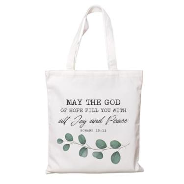 Imagem de Bolsa bíblica feminina - Que o Deus da esperança te encha de alegria e pêssego, sacolas de lona de algodão, bolsas de lona com designs de versículos da Bíblia, presente cristão inspirador para