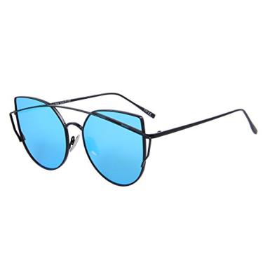 Imagem de Óculos de sol femininos modernos olho de gato, revestimento de lentes espelhadas, óculos de sol grandes UV400, Armação preta/lente espelhada azul, Lens Width: 55 Millimeters