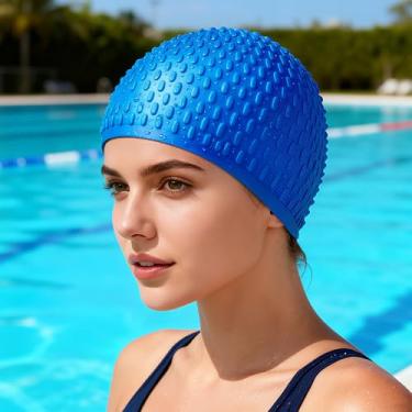 Imagem de Touca de natação de silicone confortável ideal para cabelos cacheados curtos médios longos touca de natação para mulheres e homens, azul